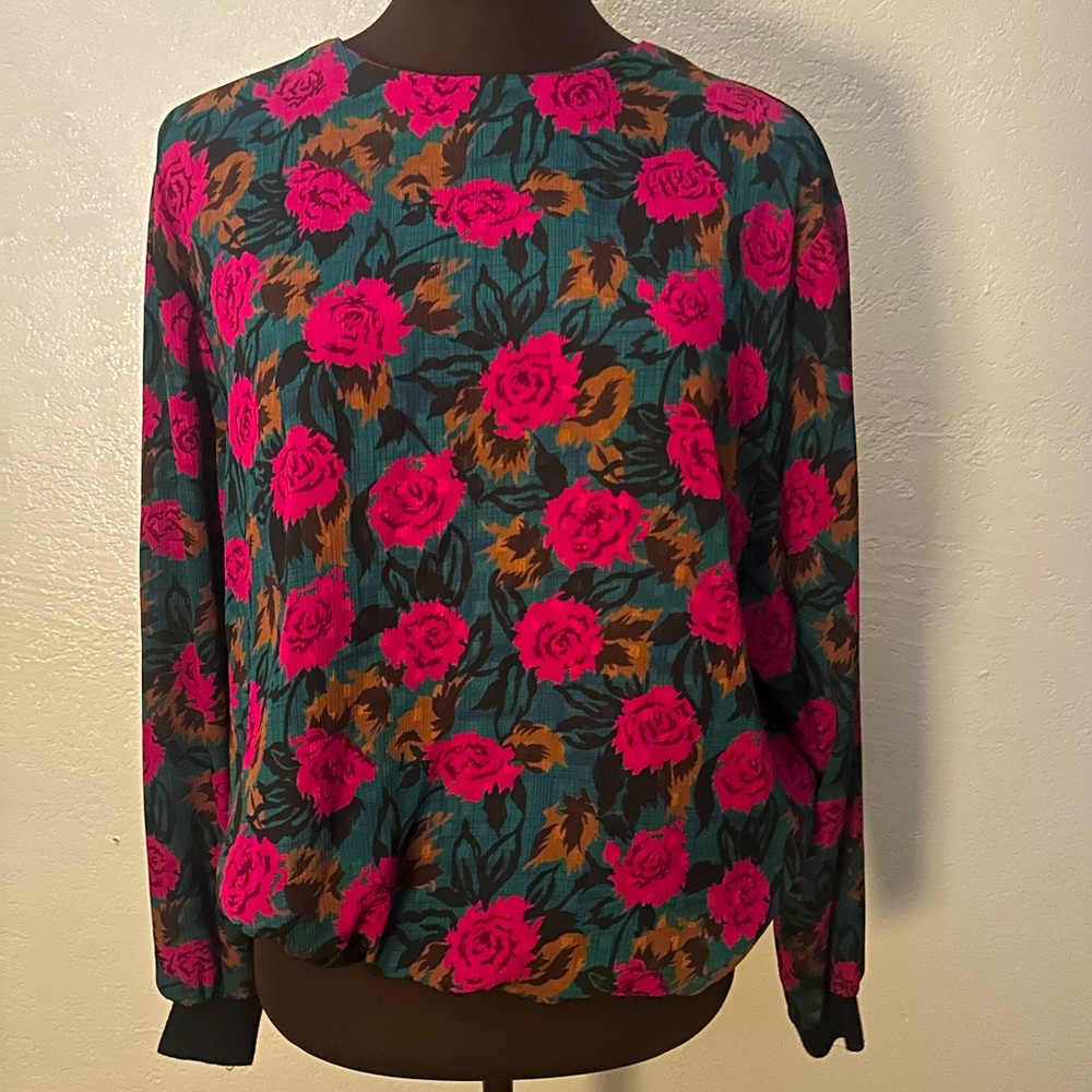 Vintage Russ Floral Sweatshirt Style Knit Hem Cuff Blouse - Pink and Green M-L
